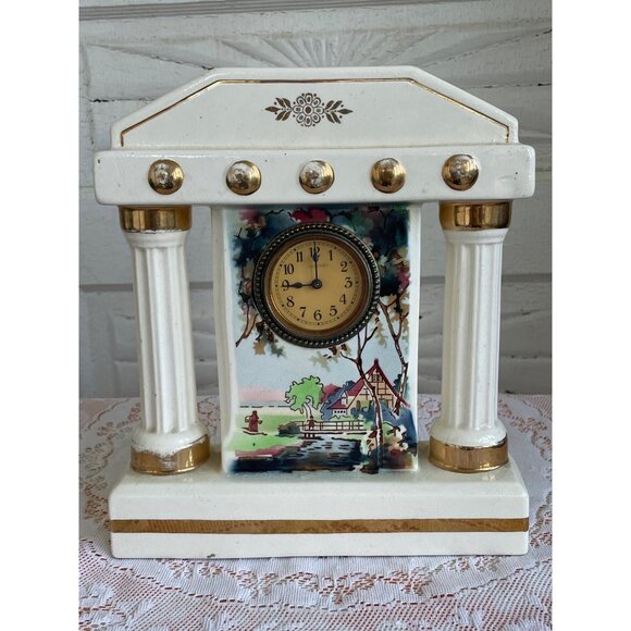 Antique German Mechanical Mantle Clock Pillars Hand Painted Porcelain Not Workin - Picture 5 of 15